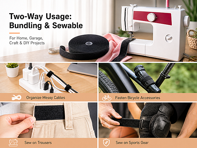 amazon A+ vertical banner, 1200:900 ratio, top main scene: home sewing machine with black velcro roll placed on sewing table. Below four square scene tiles arranged in 2x2 grid: organize messy desk cables, fasten bicycle accessories, sew velcro onto trousers, sew velcro on sport protective gear. Soft natural indoor lighting, bright clean tone. Main text overlay "Two-Way Usage: Bundling & Sewable", small sub-text "For Home, Garage, Craft & DIY Projects". Neat english text, reasonable font size, text placed in blank space, photorealistic commercial product image, vertical redesigned layout