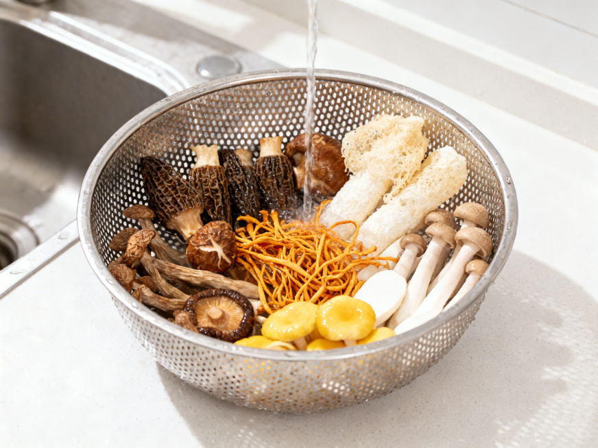 电商产品图，菌菇干货汤包，在滤水篮中清洗干货菌菇，食材包含北风菌、羊肚菌、虫草花、竹荪、鸡油菇、杏鲍菇、海鲜菇，干净明亮的厨房场景，自然光，清新干净风格，适合电商展示预览效果