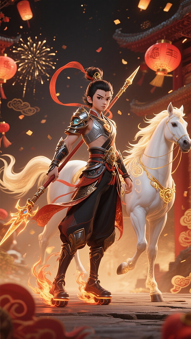 以哪吒为主题 帮我生成动漫新纪元 游戏迎新年的活动长图 还需要有马元素 主体看起来高级 不低幼    以新年和暖色调作为主