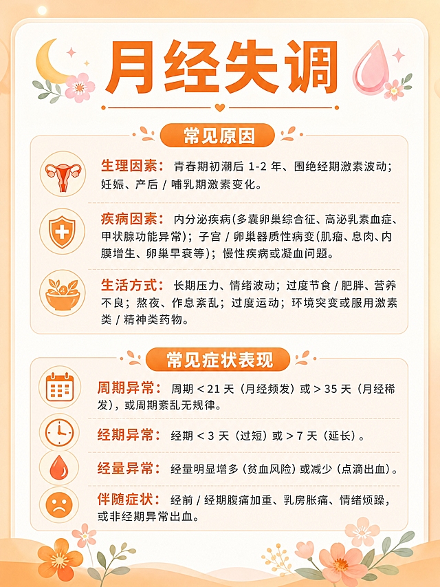 健康科普信息图，橙色主色调，温暖女性健康风格，文案内容完全不变，重新设计排版。整体风格：浅橙色渐变背景，米白色圆角大卡片，现代简约清新风，无医生形象。顶部标题区：大标题「月经失调」橙色粗黑体大字，配可爱的女性健康相关小图标（如花/月亮/水滴），标题下方有橙色装饰线。上半部分「常见原因」板块：橙色圆角标签标题，下方分三类：生理因素、疾病因素、生活方式，每类用橙色小图标开头，文字深灰色，关键词用橙色加粗高亮。下半部分「常见症状表现」板块：橙色圆角标签标题，下方分四类：周期异常、经期异常、经量异常、伴随症状，每类用橙色小图标开头，文字深灰色，关键词用橙色加粗高亮。底部有装饰元素（小花/叶子）。整体氛围：温暖、专业、女性友好。文字内容逐字完全保留不变。画面比例3:4，4K高清，版式精美，信息层级清晰。