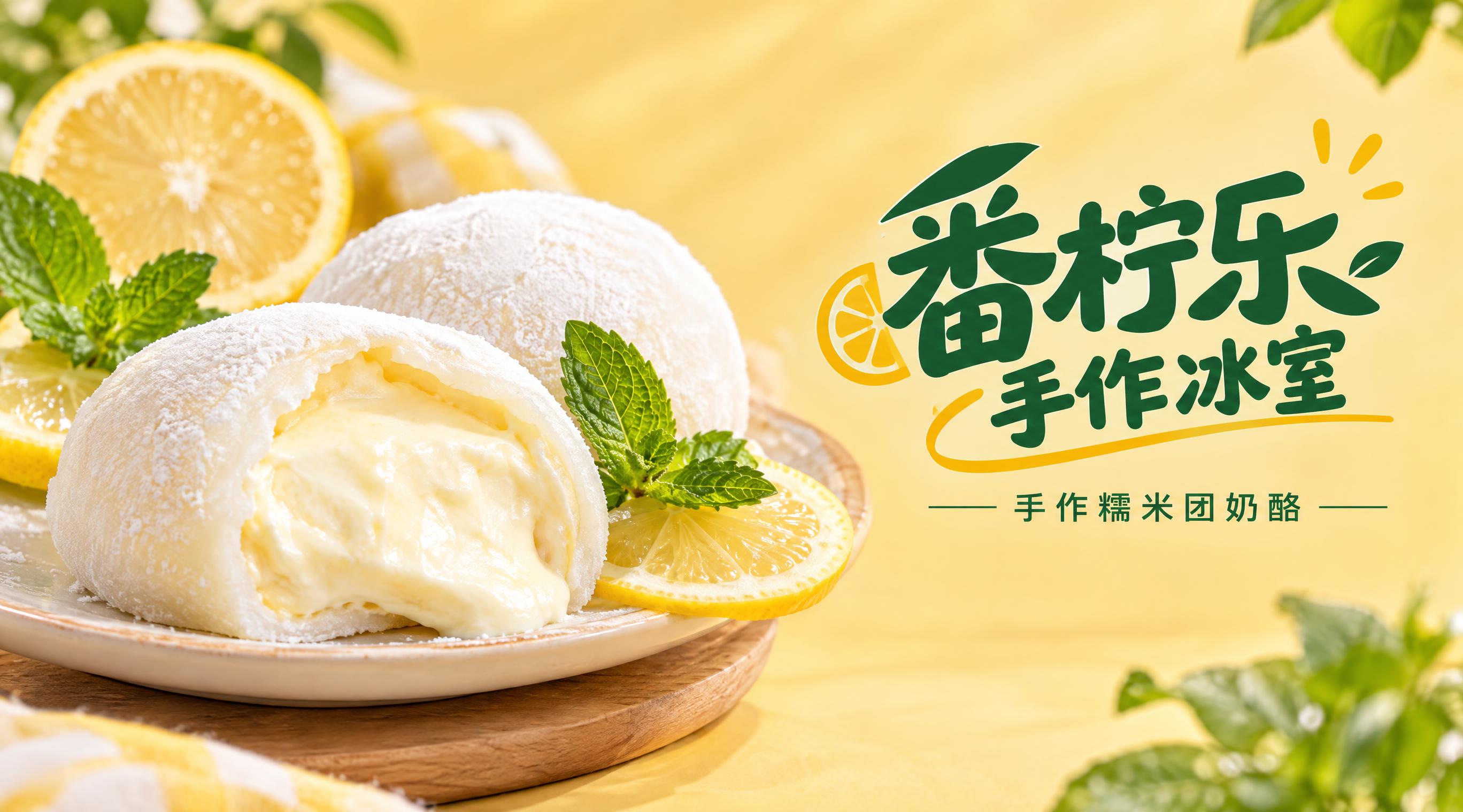 写实商业摄影风格，番柠乐手作冰室店招横幅，横版构图，左侧是手作… - 图片创意预览