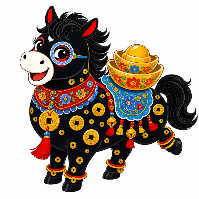 陕北民间彩色布贴剪纸年画风格，扁平化平涂色块，粗黑清晰轮廓勾线，无渐变无柔和阴影，高饱和传统国风撞色：纯黑、正大红、明黄、湖蓝、纯白；丙烯手绘装饰插画，干净利落笔触，极简纯白纯色背景，完整全身居中构图预览效果
