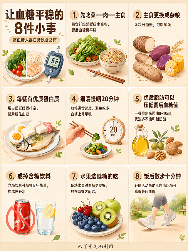 去除图片右下角第8格（饭后散步十分钟）底部的黑色"AI生成"黑框文字，以及第7格（水果选低糖的吃）底部被黑框覆盖的部分，修复被遮挡的蓝莓、猕猴桃等水果插画和浅燕麦色背景，保持原图的奶油白与浅燕麦色调、深棕文字、轻拟物插画风格完全一致，九宫格边界清晰完整