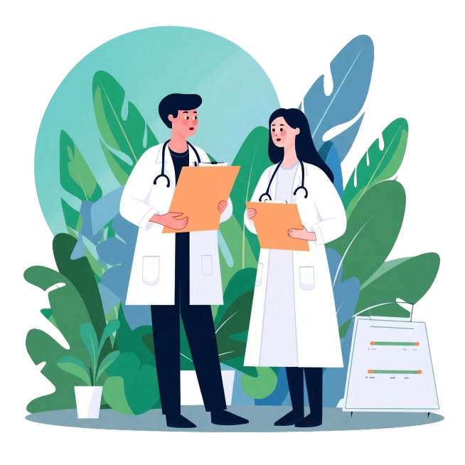 将图中两人的背景改为以绿色为主蓝色为辅的色调，保留原人物和整体插画风格不变预览效果