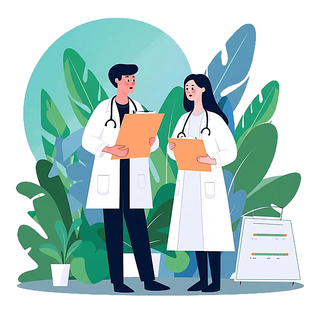 将图中两人的背景改为以绿色为主蓝色为辅的色调，保留原人物和整体插画风格不变