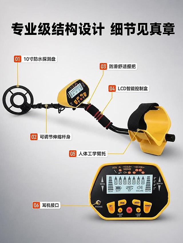 [商品] 使用【图3】金属探测器整机+控制面板特写；保留黄色主机、黑色探测盘、黑色可调节杆身、红色条纹握把、黄色臂托、控制面板按键布局和显示屏；产品整体结构比例不变，颜色保真。
[画面] 目标：结构解析页，引线标注核心部件。构图：产品斜向全景占画面55%，探测盘朝左，臂托朝右；控制面板放大特写悬浮于右下角；黄色细线从产品各部位引出标注；背景为浅灰渐变，突出产品轮廓。
[视觉] 套系策略：风格=硬核户外科技商业摄影；标题字=粗黑体；正文字=简洁黑体；主色=明黄+炭黑；背景延展=浅灰渐变底，深灰阴影衬托产品；强调色=橙红色，仅用于小面积图标、引线和标签；标题色=深炭黑；正文色=中灰；组件=黄色细线引线、圆角白底信息卡、编号标签；光影=左前侧柔光，产品立体感强，无过曝。
[文字] 顶部主标题「专业级结构设计 细节见真章」，引线标注6个部位：「10寸防水探测盘」「可调节伸缩杆身」「防滑舒适握把」「LCD智能控制盒」「人体工学臂托」「耳机接口」；文字全部横排，引线不遮挡产品关键部位。
[规格] 图片比例3:4竖版，4K分辨率，避免变形、错字、文字过小、产品结构失真、引线遮挡显示屏。