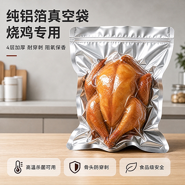 [主图-1] 首图主题：纯铝箔真空袋包装整只烧鸡，建立高级食品包装第一印象。
[统一基调] 淘宝/天猫风格，专业品质感，洁净通透，真实商业摄影质感；主色为银铝本色+浅灰+暖木色点缀，标题字用深灰近黑，辅助字用中灰，强调色用深棕红；字体为无衬线粗体标题+常规无衬线正文，字号层级清晰。
[画面] 画面中央为一只完整的整烧鸡，被封装在纯铝箔自立自封真空袋中，袋子呈银亮金属铝箔质感，自封拉链位于袋口上方，袋身因真空抽气紧贴烧鸡轮廓，表面有自然褶皱与高光反射，圆形端头与袋型保持原样不变形。产品置于浅灰色高级质感背景前，下方是浅木色台面，背景隐约可见整洁的厨房或食品操作台环境，光线柔和高级。产品占画面约65%，正面略微俯视角度，完整展示袋型与包装效果。左上角有简短主标题，底部有3个小图标式卖点标签。
[光影质感] 影棚级柔光，主光来自左上方，铝箔袋表面呈现真实金属反光与明暗过渡，袋身褶皱处有细腻高光，底部有柔和接触阴影，整体通透干净，突出铝箔材质的高级感与食品包装的真实感。
[配色] 银铝本色为主，浅灰背景，暖木色台面，深灰文字，深棕红强调色；整体干净高级，不杂乱。
[文字版式] 左上主标题："纯铝箔真空袋 烧鸡专用"，副标题小字："4层加厚 耐穿刺 阻氧保香"；底部3个小标签横向排列："高温杀菌可用"、"骨头防穿刺"、"食品级安全"，标签为圆角矩形浅底深字。文字不遮挡产品主体。
[输出要求] 比例1:1，2048x2048，2K画质，产品清晰锐利，文字清晰可读；禁止产品变形，禁止改变圆形端头形状，禁止改变透视角度，禁止减少产品，禁止改变产品颜色，禁止出现宣传泡沫，禁止水印、平台Logo、错字、模糊、杂乱背景。
