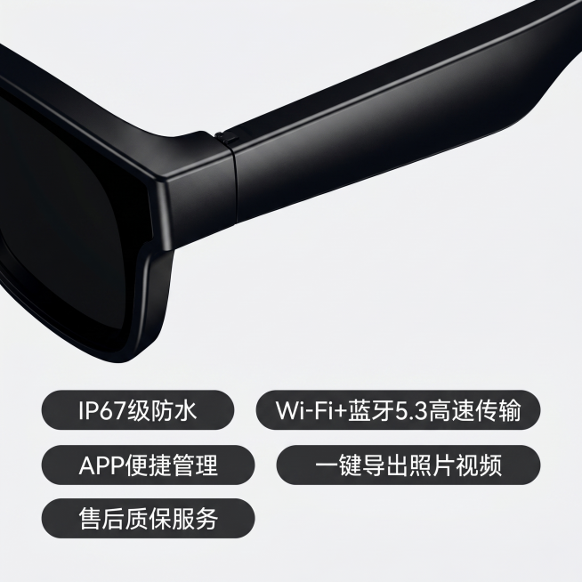 [主图 5] 智能AI眼镜产品核心参数与售后保障展示图。
[氛围风格] 简约科技风，整体风格统一
[画质] C4D Octane物理级超写实商业产品渲染，质感真实细腻，产品清晰锋利，画面干净通透高级预览效果