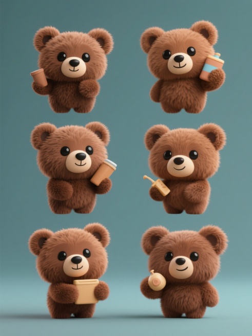 系列素材集合，规整排布，6个完全不同元素内容，均为熊元素类目，保持超写实3D风格，棕色蓬松毛发质感，黑色圆眼睛，浅色口鼻，纯色背景，每个小熊姿态各异，分别手持不同物品，表情生动，光影柔和，立体感强，整体视觉统一和谐。预览效果