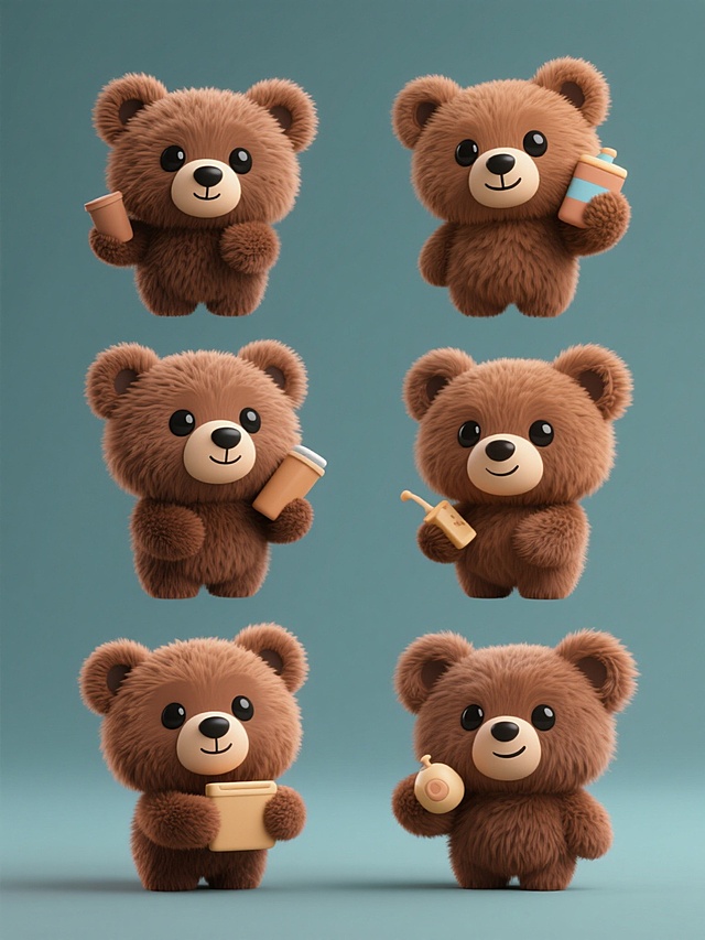 系列素材集合，规整排布，6个完全不同元素内容，均为熊元素类目，保持超写实3D风格，棕色蓬松毛发质感，黑色圆眼睛，浅色口鼻，纯色背景，每个小熊姿态各异，分别手持不同物品，表情生动，光影柔和，立体感强，整体视觉统一和谐。