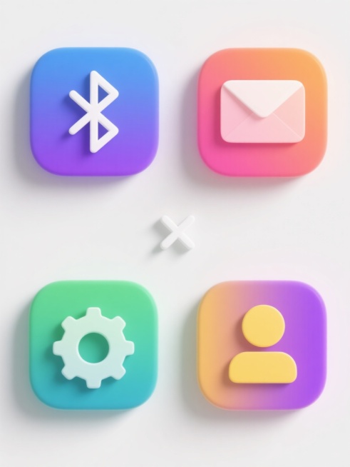 一组四个同风格的应用图标系列，每个图标均为圆角方形背景，填充不同的渐变色彩（第一个为蓝紫色渐变，第二个为橙粉色渐变，第三个为绿青色渐变，第四个为黄紫色渐变），中央有一个简约的白色线性符号（第一个为类似蓝牙的交叉符号，第二个为信封符号，第三个为设置齿轮符号，第四个为用户头像符号），所有图标规整排布在纯白色背景上，保持一致的3D质感、平滑渐变过渡、柔和光影效果和极简主义设计风格。预览效果