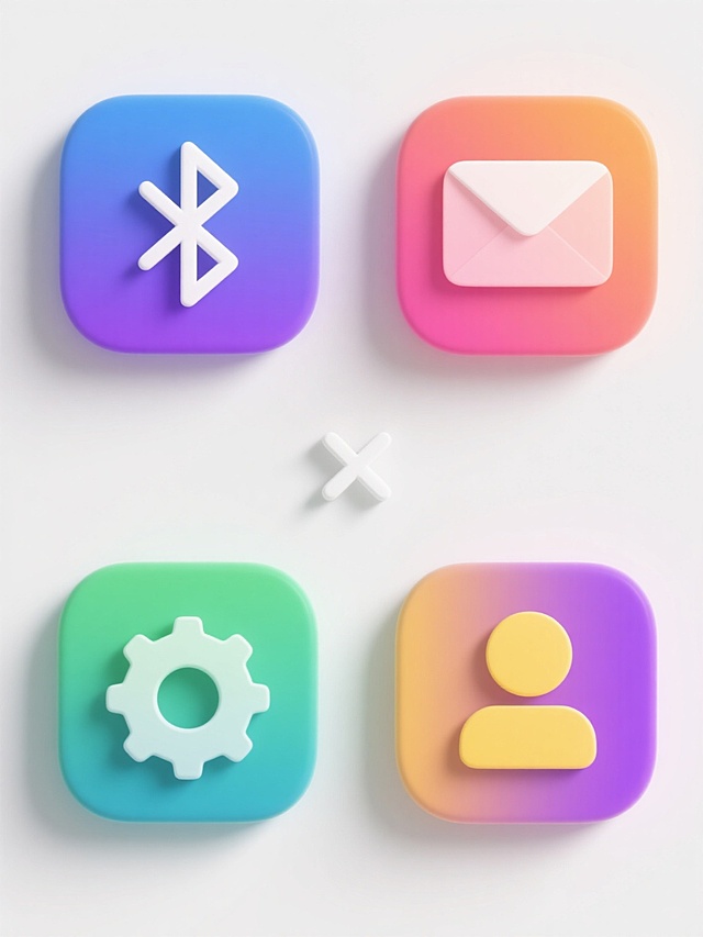 一组四个同风格的应用图标系列，每个图标均为圆角方形背景，填充不同的渐变色彩（第一个为蓝紫色渐变，第二个为橙粉色渐变，第三个为绿青色渐变，第四个为黄紫色渐变），中央有一个简约的白色线性符号（第一个为类似蓝牙的交叉符号，第二个为信封符号，第三个为设置齿轮符号，第四个为用户头像符号），所有图标规整排布在纯白色背景上，保持一致的3D质感、平滑渐变过渡、柔和光影效果和极简主义设计风格。