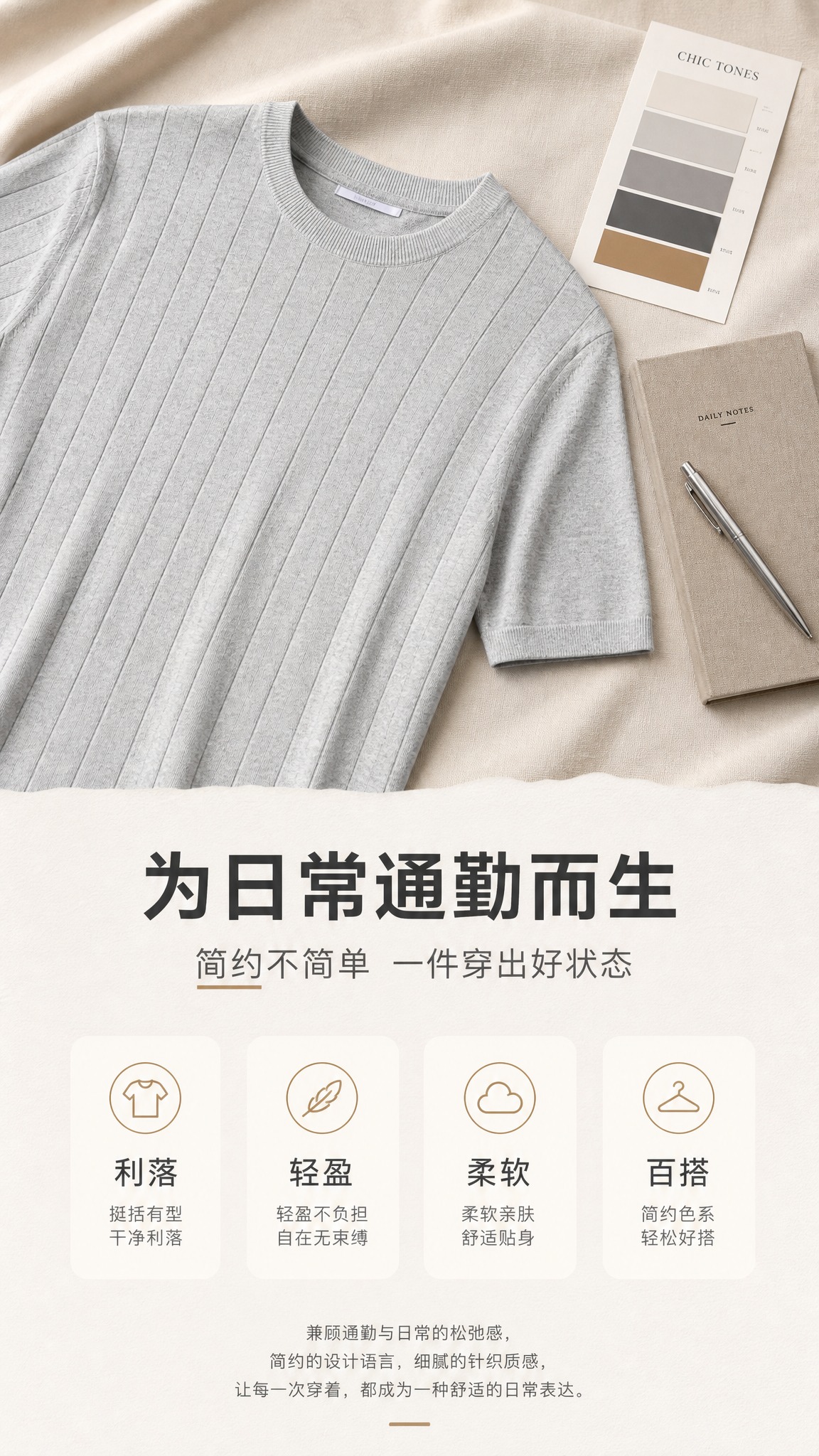[商品] 使用【图1】男士浅灰色竖纹针织短袖T恤；商品处理：保… - 图片创意预览