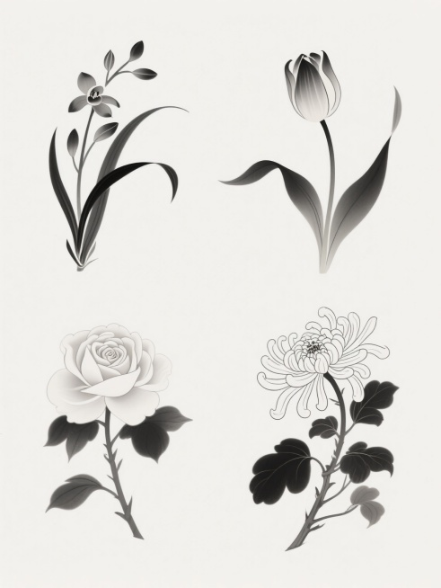 中国风插画，以纯白色为背景，细腻流畅的墨色线条勾勒，淡雅清新的配色，平面化与轻微渐变结合的质感，传统工笔画韵味，规整排布的系列素材集合，包含兰花、郁金香、玫瑰花、菊花四个完全不同的花卉元素，每个花卉元素均保留清晰的轮廓线和简约的细节刻画，整体构图平衡和谐，营造出雅致宁静的氛围。预览效果