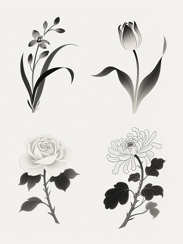 中国风插画，以纯白色为背景，细腻流畅的墨色线条勾勒，淡雅清新的配色，平面化与轻微渐变结合的质感，传统工笔画韵味，规整排布的系列素材集合，包含兰花、郁金香、玫瑰花、菊花四个完全不同的花卉元素，每个花卉元素均保留清晰的轮廓线和简约的细节刻画，整体构图平衡和谐，营造出雅致宁静的氛围。