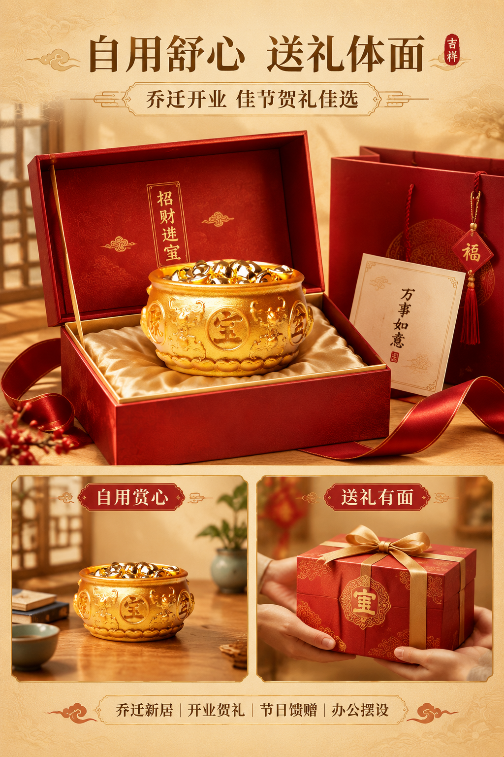 [商品] 使用【图1】金色聚宝盆招财摆件；保留产品原貌，置于礼… - 图片创意预览