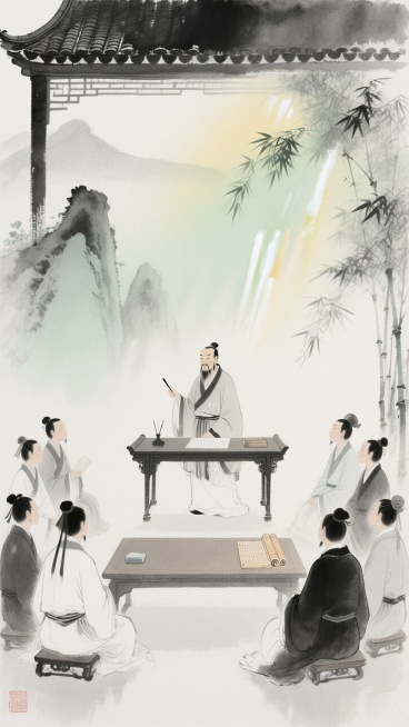 中国水墨画风格的教师节画面，定格古代书院讲学场景。师者于案几后授业，众学子着古装恭敬围坐。背景融入中式飞檐，淡染山水，缀以竹叶。以水墨黑白灰为主调，浅绿、浅黄作柔和点缀。案几、简牍等细节，共筑古朴典雅预览效果