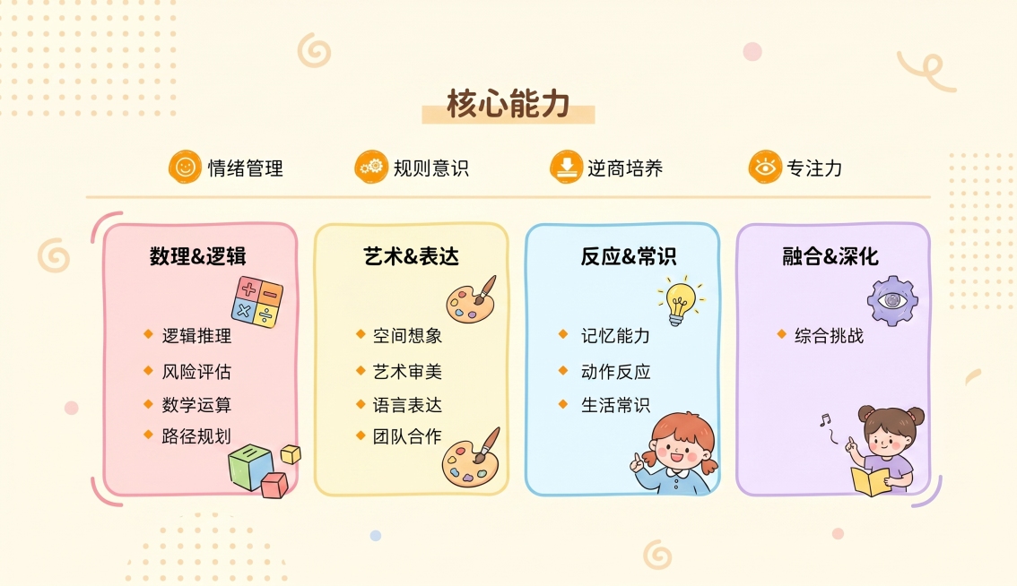 基于原图重新设计，生成稍微活泼风格的核心能力展示图，符合孩可益VI调性，使用浅色调，颜色不要太深，保留原图所有文字内容和板块结构预览效果
