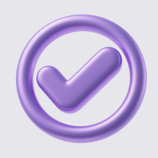 一个具有光滑塑料材质感的紫色圆形对勾图标，采用3D设计风格，整体呈现出统一的淡紫色调，光影效果柔和，高光与阴影过渡自然，立体感强，对勾位于圆形正中央，线条流畅，形态简洁明了，背景为纯白色，干净无杂质，整个图标视觉层级清晰，信息传达直接高效，设计简约现代。