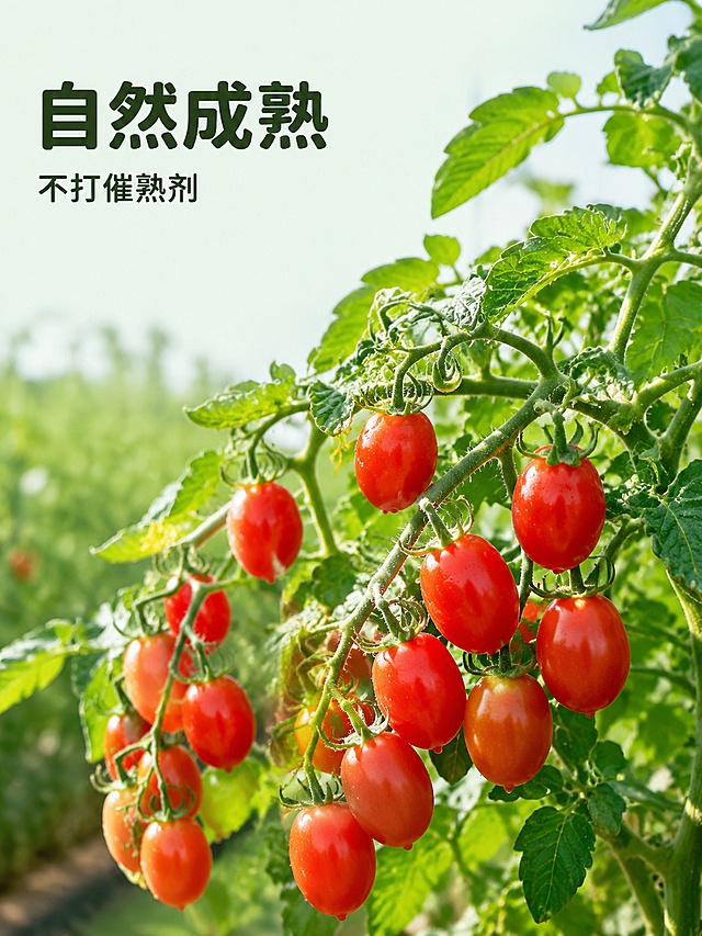 [第3屏] 卖点1-自然成熟 不打催熟剂。本屏使用藤蔓上挂果的千禧果实材。
[氛围/风格] 自然原生态生鲜风，真实田园摄影质感，突出自然生长状态。
[元素布局] 藤蔓挂果实景占据画面中下部70%区域，千禧果实自然悬挂在绿色藤蔓上，果实自然上色红润饱满，叶片舒展；标题文案放在画面左上角，不遮挡核心挂果主体，果实形态保留实拍特征。
[光影质感] 自然散射太阳光，整体明亮清新，叶片和果实层次感强，呈现真实田园光照。
[配色色系] 全局底色 #f2f9f0；主色绿色藤蔓，辅助色红色果实，浅绿背景。
[视角构图] 平视自然田园视角，景深适中，主体挂果清晰，背景虚化田园。
[文字版式] 主标题「自然成熟」，副标题「不打催熟剂」，主标题加粗圆角黑体，副标题小字放在主标题下方，文字颜色深绿，排版简洁，不遮挡主体挂果，文字清晰可读。全程统一圆角黑体，字色深绿。
[比例分辨率] 3:4 竖版比例，4K 分辨率，文字清晰可辨，高清画质。
[负向提示词] 果实变形，颜色偏差，文字遮挡主体，文字错乱，文字过小，水印，背景杂乱。