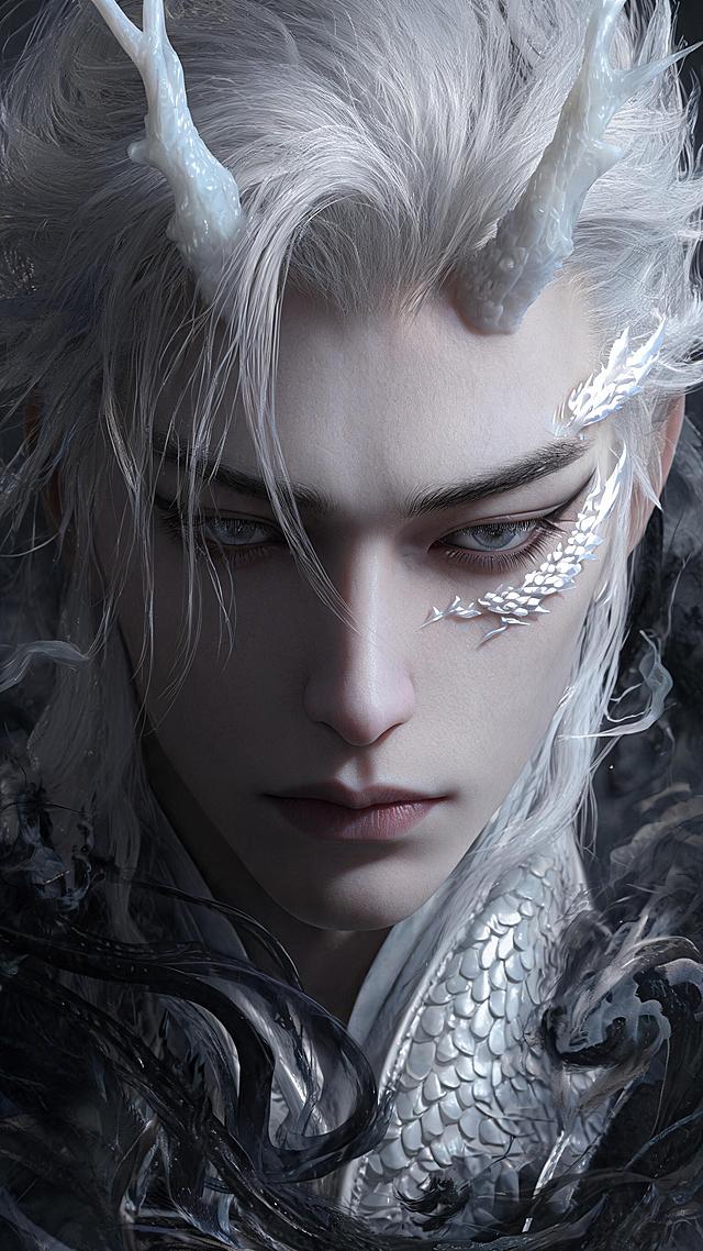 美男，温柔温润如玉，3d仿真冷白皮，单凤眼眼尾细长，清晰睫毛，眼睛微眯垂眸看向镜头，白色长发散开飞舞，凌乱发丝拂面，发丝细腻刻画，雾霾灰色瞳孔，极致妖孽容貌，极致清冷透光感，祸国殃民美感，阴森诡魅眼神，眼睛边有发光白色龙鳞，头上长两根龙角，五官立体，面部皮肤细腻渲染，丰富细节微距镜头，面部阴影聚焦，细腻肌理，华丽白色龙鳞衣服，龙王化身，身体周围环绕水墨元素，电影风格，高清晰度，写实逼真，OC渲染，丰富细节3D渲染
