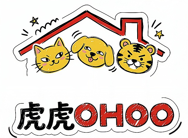 把上面的文字改成虎虎OHOO,文字上下排列，上面是三个动物的头，中间的是老虎，两边是猫和狗，简笔画风格，可爱，背景是白色的，搭配房屋线条，做成一个整体宠物店的LOGO，颜色用黄红黑，大师出品，高级，轻松愉悦，背景是白色的