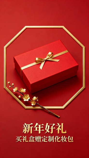 竖版极简春节化妆品礼盒促销海报，红金高级配色，画面中心是哑光金边框的红色化妆品礼盒，盒身系着细款烫金丝带，礼盒旁斜放1枝迷你烫金梅花，背景是纯净哑光红底，底部用金色字体写“新年好礼 买礼盒赠定制化妆包预览效果