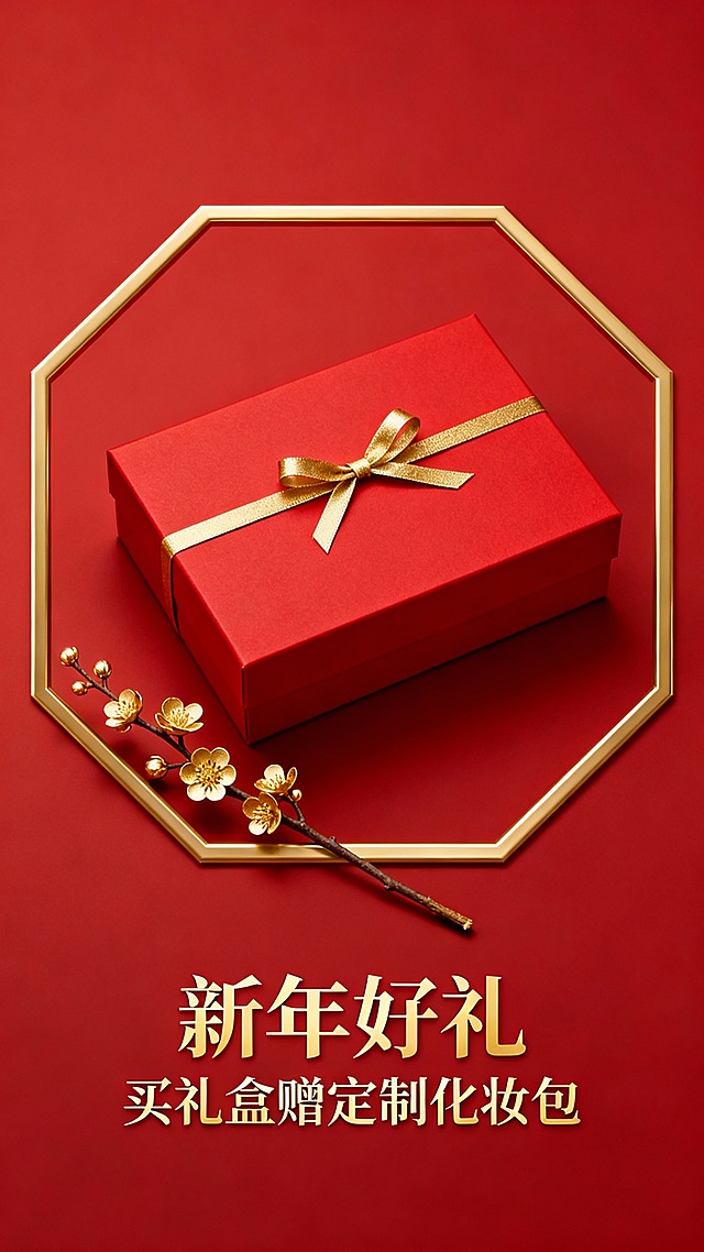 喜庆红与鎏金交织，中式美学融合重拟物设计，金属质感八边形框衬托礼盒，国潮风韵尽显奢华年味。