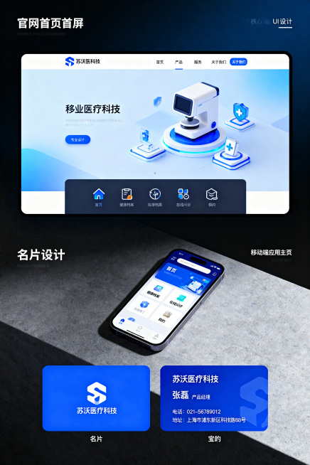 基于已生成的苏沃医疗科技品牌视觉规范，设计核心应用场景UI，包含官网首页首屏、移动端应用主页、名片设计三个常见应用，整体保持专业医疗科技风格，统一使用logo的蓝色系预览效果