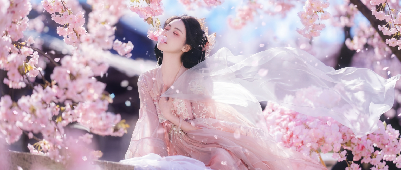 基于参考图片，裁剪生成一张750x300的樱花古风美女宣传图，保留人物主体和唯美氛围预览效果