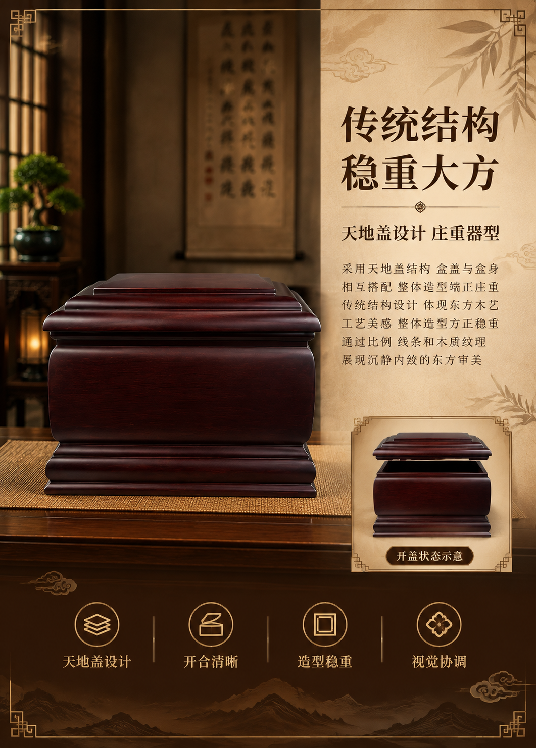 [商品] 使用【图3】【图4】花开富贵摘亚木实木骨灰盒背面与端… - 图片创意预览