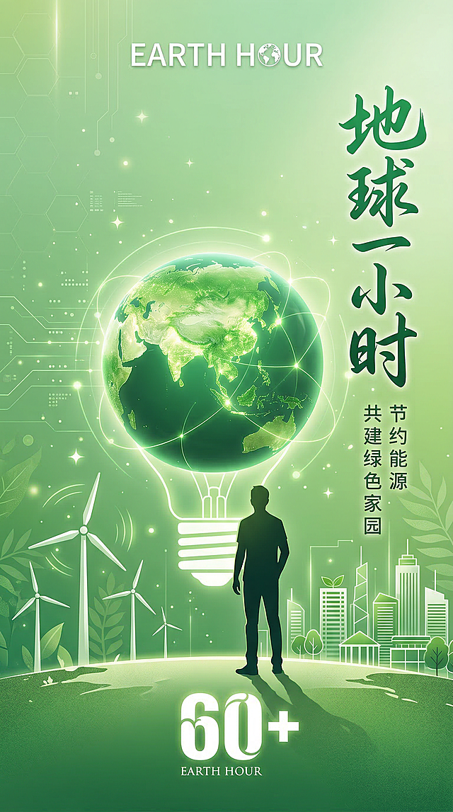 浅草绿渐变背景的地球一小时竖版公益海报，科技绿色公益风，居中构图。中央是绿色立体地球模型连接白色灯泡底座，黑色人物剪影立于前方，搭配白色风车与建筑轮廓，顶部有 "EARTH HOUR" 英文。文字：右侧绿色书法字 "地球一小时"、竖排白色字 "节约能源" 及底部白色 "60+" 与 "EARTH HOUR"。