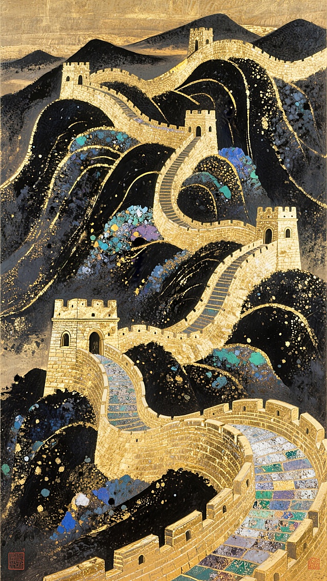 岩彩风长城，鎏金点缀，古典中式感，国潮创意设计。