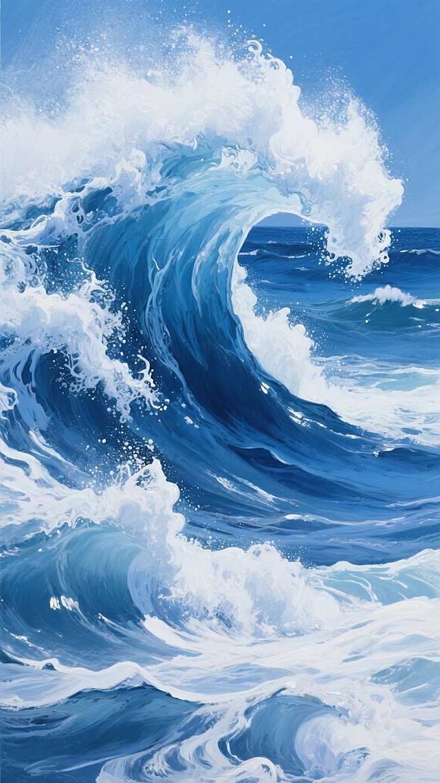 一幅蓝白配色的写实风格海浪油画，画面以深邃的蓝色和纯净的白色为主色调，展现出海上巨浪的磅礴气势。海浪呈现出独特的造型，浪花如同被精心雕琢过一般，层层叠叠、形态各异，既有翻涌的卷曲姿态，又有飞溅的细碎水珠。整体光影运用细腻，光源从上方洒下，使得浪花边缘泛着明亮的高光，阴影部分则呈现出深蓝色的厚重感，增强了海浪的立体感和动态美。笔触厚重且富有质感，精准地描绘出海水的流动性和浪花的轻盈感，构图上以占据大部分画面的巨浪为视觉焦点，营造出一种震撼人心的视觉冲击力，仿佛能感受到海浪扑面而来的强大力量。