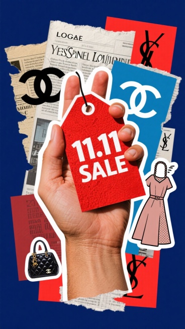 主视觉是一只大手，捏着一个红底白字的“11.11 SALE“标签，蓝色背景上装饰着香奈儿、YSL、LV等国际大牌创意LOGO与包包连衣裙样式卡通贴纸。预览效果