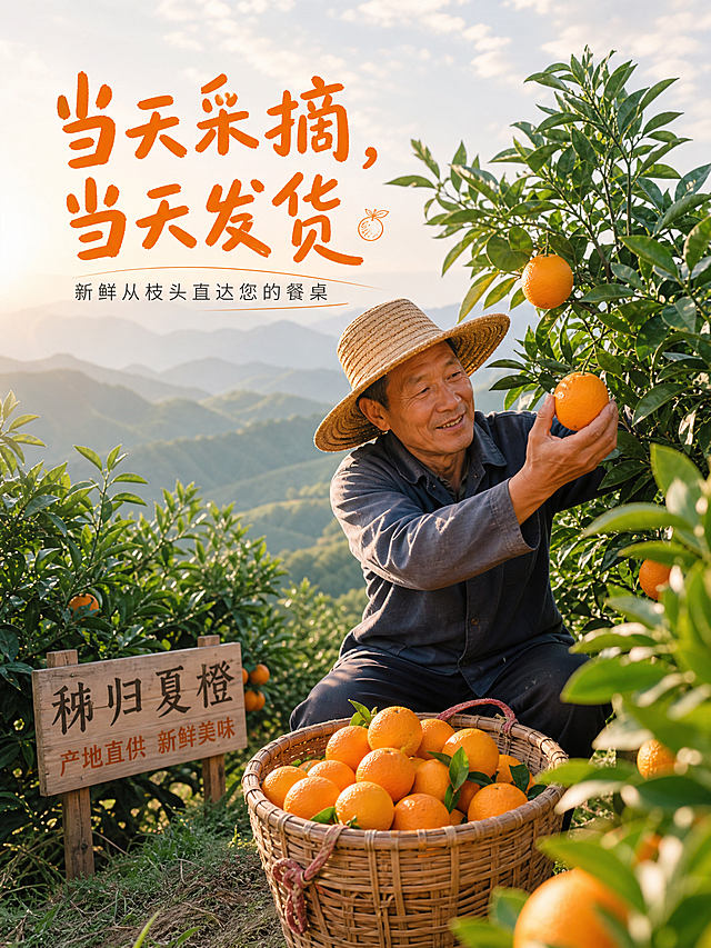 电商详情页插图，750px 宽，果农在橙园里采摘新鲜的秭归夏橙，将橙子小心翼翼地放入竹篮中。背景是橙树和远山，阳光明媚。突出 "当天采摘，当天发货" 的卖点。专业纪实摄影，自然真实，充满生活气息。