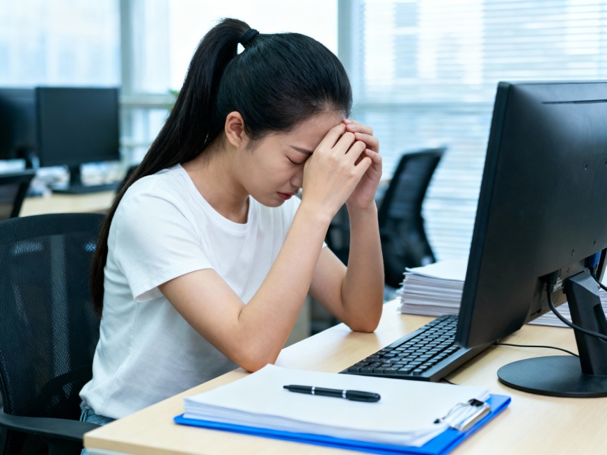 一位年轻亚裔女性坐在办公室电脑前，双手交叠按在额头上，头低垂，双眼紧闭，表情疲惫痛苦，黑色长发扎成高马尾，穿着纯白色短袖T恤。她坐在黑色办公椅上，面前浅色木桌上有黑色电脑显示器、键盘、堆叠的文件和蓝色预览效果