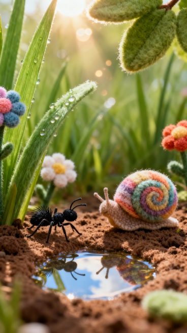 迷你毛绒微观世界，草叶是绿色长毛绒，表面带有露珠毛绒颗粒，花朵是彩色毛绒绒球，花瓣为短绒质地，黑色毛绒蚂蚁的腿部是细毛绒，蜗牛壳呈螺旋状彩色毛绒纹理，地面是棕色泥土质感毛绒，小水洼是透明毛绒并倒映天空预览效果