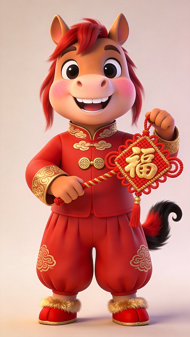 软3D风格拟人小马，身着国潮红金刺绣唐装，手持鎏金“福”字中国结，喜庆卡通感十足，传递新春祝福。