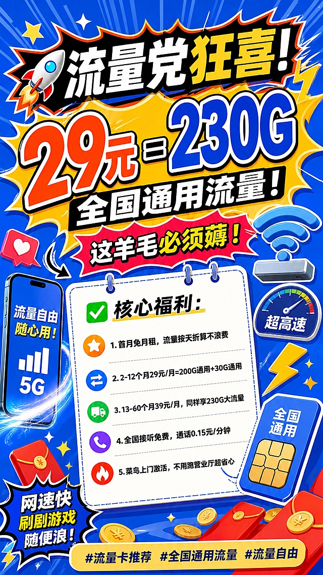 参考原图风格生成中国广电流量卡促销海报，版式骨架、色彩体系、字体层级和氛围保持与原图一致，替换全部文案为用户提供的最新内容：
顶栏主标题文案为"流量党狂喜！"，主标题区大字体文案"29元=230G"，副标题文案"全国通用流量！"，红色爆炸框文案"这羊毛必须薅！"
核心福利区内容完整替换为：
1. 首月免月租，流量按天折算不浪费
2. 2-12个月29元/月=200G通用+30G通用
3. 13-60个月39元/月，同样享230G大流量
4. 全国接听免费，通话0.15元/分钟
5. 菜鸟上门激活，不用跑营业厅超省心
左下角保留"网速快 刷刷游戏 随便浪！"文案，底栏标签保留#流量卡推荐 #全国通用流量 #流量自由
整体为活力撞色促销风格，蓝色放射背景搭配爆炸框设计，大字突出价格和流量，信息清晰可读，所有文案完整准确呈现，4K超清画质