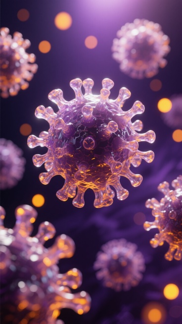 3D渲染的病毒微观结构，表面呈现出复杂的凸起和纹理，具有半透明的晶体质感和高光反光效果，多个病毒在画面中以不同大小和远近分布，营造出空间层次感。背景为深邃的暗紫色调，点缀着大小不一、模糊的橙黄色光斑，形成梦幻而神秘的氛围。光线从画面上方柔和洒落，照亮病毒的顶部，底部则融入暗紫色的阴影中，整体色彩以暗紫色为基调，搭配橙黄色的点缀光效，保持原图的景深控制和散景效果。预览效果