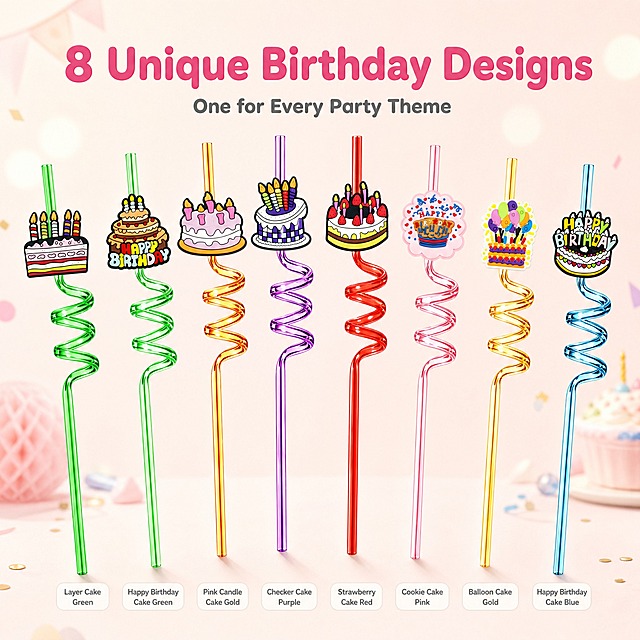 [主图-6] Birthday Cake Spiral Straws Set 8款全款式展示图 全家福阵列。
[统一基调] 马卡龙粉+奶油白+浅金色生日派对色调，柔和自然光，整体明亮温馨，通透干净，商业摄影质感，字体为圆润无衬线粗体，标题字色深粉色，辅助字色暖灰色，卡片为奶油白底圆角设计。
[画面] 画面展示全部8款不同颜色和蛋糕造型的螺旋吸管，整齐排列成弧形或两排，每支吸管都直立展示完整外观。从左到右依次是：绿色+多层蛋糕款、绿色+HAPPY BIRTHDAY蛋糕款、金色+粉色蜡烛款、紫色+格子蛋糕款、红色+草莓蛋糕款、粉色+饼干款、金色+气球款、蓝色+HAPPY BIRTHDAY蛋糕款。每款下方有小小的名称标签。背景是浅奶油粉色渐变，底部有淡淡的阴影增加立体感。产品外观、颜色、装饰牌造型与参考图完全一致。
[光影质感] 柔和顶光，每支吸管都有自然的底部阴影，管身有光泽，蛋糕装饰牌有立体质感，整体画面整齐高级。
[配色] 8款吸管本身的多彩颜色作为视觉主体，背景浅奶油粉统一色调，整体丰富而不杂乱。
[文字版式] 画面顶部大标题 "8 Unique Birthday Designs" 深粉色圆润粗体大字，下方小字 "One for Every Party Theme" 暖灰色。每款吸管下方有小小的英文款式名称标签。文字清晰不遮挡产品。
[输出要求] 比例1:1，2048x2048，文字清晰可读，8款产品全部清晰展示，外观准确。负向：变形、错字、模糊、杂乱、水印、平台Logo、SKU字样、中文文字。
