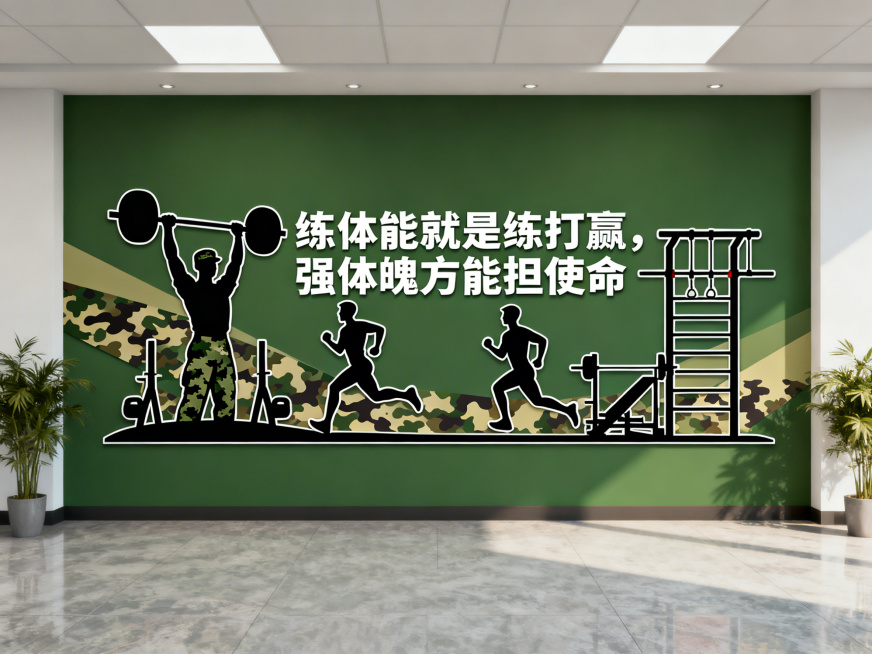 军营健身房主题文化墙正面平视展示图，陆军松枝绿、迷彩配色，画面有军人举重、跑步、引体向上等健身剪影，醒目位置标注标语“练体能就是练打赢，强体魄方能担使命”，整体庄重大气，为正视角无变形的平面效果，符合预览效果