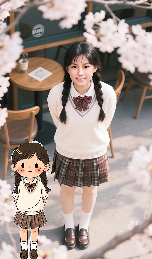 甜美清新风格，卡通动漫风少女与樱花相映，营造梦幻节日氛围。