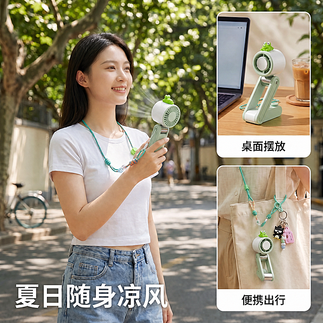 把这张电商海报图右上角小图里的浅绿色风扇替换成图二的浅白绿色带青蛙摆件的风扇，保持整体布局、文字内容和其他场景元素不变，自然融合光影和色调