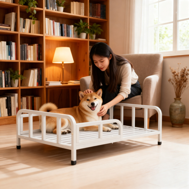 浅灰色金属铁艺狗床框架，保持物理结构绝对不变，去掉底部四个黑色轮子，保持底部支撑脚平整，严禁扭曲变形结构穿模。中景平视，主体放在书房浅色地板上，清晰接触阴影。室内小清新原木风，背景是落地原木书架，上面预览效果