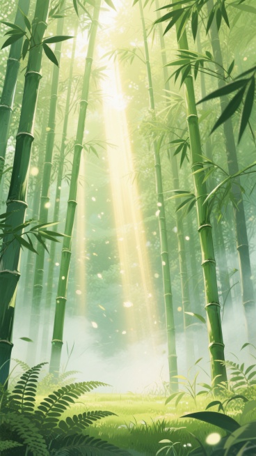 明亮的阳光透过茂密竹林的缝隙洒下，形成一道道金色的光束，照亮了竹林间的薄雾和飞舞的光点。高大挺拔的绿色竹子错落有致地分布在画面中，竹叶呈现出深浅不一的绿色，底部点缀着低矮的蕨类植物和青草。整体画面采用清新的动漫风格，线条流畅，色彩柔和，营造出宁静、梦幻而充满生机的氛围。预览效果
