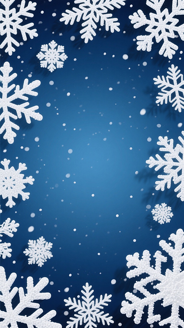 一张以深蓝色为渐变背景的冬季主题装饰性图片，画面四周环绕着大小不一、形态各异的精致白色雪花图案，雪花边缘清晰且带有细微的纹理质感，背景中散布着细密的白色小点模拟飘落的雪花效果，整体营造出纯净、宁静且富有冬日氛围的视觉感受，色调和谐统一，风格简洁而具有节日装饰感。