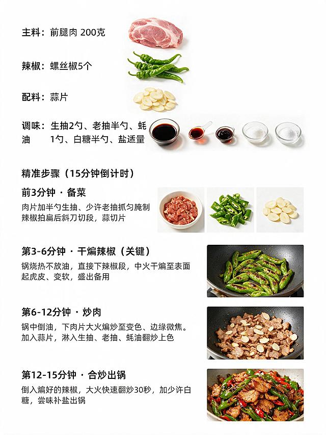 白色背景，干净的图文排版，辣椒炒肉菜谱，写实风格配图，真实食物摄影质感，字体使用阿里巴巴普惠体，不添加任何多余装饰元素和多余文字描述，配图准确。去除标题，步骤部分增加画面占比，原材料部分缩小占比，所有文字左对齐整齐排列，调料部分文字加大字号确保清晰可读。

完整菜谱文案内容：
"主料：前腿肉 200克
辣椒：螺丝椒5个
配料：蒜片
调味：生抽2勺、老抽半勺、蚝油1勺、白糖半勺、盐适量
精准步骤（15分钟倒计时）
前3分钟 · 备菜
肉片加半勺生抽、少许老抽抓匀腌制
辣椒拍扁后斜刀切段，蒜切片。
第3-6分钟 · 干煸辣椒（关键）
锅烧热不放油，直接下辣椒段，中火干煸至表面起虎皮、变软，盛出备用。
第6-12分钟 · 炒肉
锅中倒油，下肉片大火煸炒至变色、边缘微焦。
加入蒜片，淋入生抽、老抽、蚝油翻炒上色。
第12-15分钟 · 合炒出锅
倒入煸好的辣椒，大火快速翻炒30秒，加少许白糖，尝味补盐出锅。"