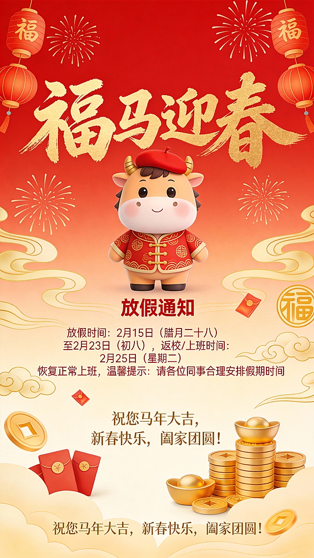 1.文案信息：大标题文案“福马迎春”采用醒目的金色中国书法字，搭配可爱的卡通小马形象，营造欢乐吉祥的节日氛围。
小马身着传统中式服饰，头戴红色贝雷帽，形象生动可爱，极具亲和力，特别适合面向学生或家长群体。

2.核心内容：放假通知
明确标注“**放假通知**”，下方详细说明：
**放假时间**：2月15日（腊月二十八）至2月23日（初八）
**返校/上课时间**：2月25日（星期二）恢复正常上班
**温馨提示**：请各位同事合理安排假期时间—— 体现人文关怀，提醒学生劳逸结合。



4.视觉元素与文化符号
**背景主色调为中国红 + 金色祥云纹样**，象征喜庆与吉祥。
**烟花、灯笼、金元宝**等传统节日元素点缀四周，增强节日氛围。
**“福”字、如意云纹、红包**等细节丰富画面，提升视觉层次感。
卡通小马形象融合了“中国传统吉祥元素”、“生肖”、“红包”三大文化符号，既有传统韵味，又具现代审美。

 5. 底部祝福语：情感共鸣
**祝您马年大吉，新春快乐，阖家团圆！**” —— 用温暖的语言拉近与用户的情感距离，强化品牌温度。